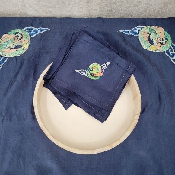 Silk Asian Fire Dragon Table Blue Embroidered Table Scarf and 4 Napkins - Picture 1 of 8